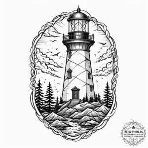 The view from a lighthouse lantern room on a... - эскиз тату (№1751832756_0, 06.07.2025 20:12) — tattoo-photo.ru