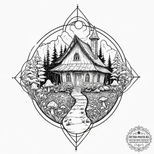 Tattoo design a whimsical mushroom house., ta... - эскиз тату (№1751836338_0, 06.07.2025 21:12) — tattoo-photo.ru