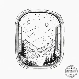 A window looking out onto a galaxy, tattoo sk... - эскиз тату (№1751836848_0, 06.07.2025 21:20) — tattoo-photo.ru