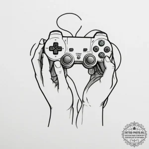 Tattoo design a gamer's hand holding a glowin... - эскиз тату (№1751837016_0, 06.07.2025 21:23) — tattoo-photo.ru