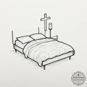 Tattoo sketch a simple bed with two pillows.,... - эскиз тату (№1751840354_0, 06.07.2025 22:19) — tattoo-photo.ru