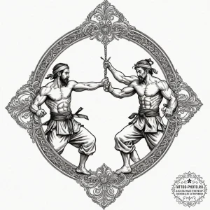 A linework tattoo of two figures sparring in... - эскиз тату (№1751842669_0, 06.07.2025 22:57) — tattoo-photo.ru