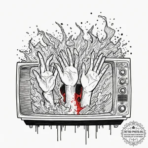 A graphic novel panel of the "they're heeeere... - эскиз тату (№1751843089_0, 06.07.2025 23:04) — tattoo-photo.ru