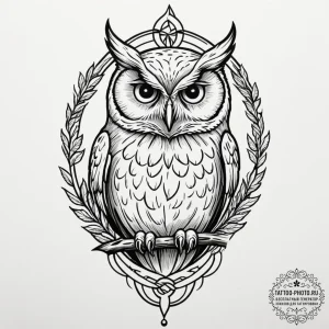 Tattoo design a watchful owl, eyes piercing,... - эскиз тату (№1751845464_0, 06.07.2025 23:44) — tattoo-photo.ru