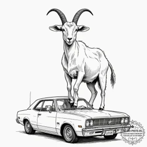 A curious goat standing on the roof of a car.... - эскиз тату (№1751846058_0, 06.07.2025 23:54) — tattoo-photo.ru