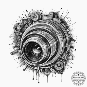 A close-up of a vintage camera lens., artisti... - эскиз тату (№1751847735_0, 07.07.2025 00:22) — tattoo-photo.ru