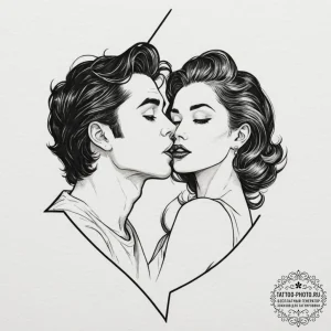 A graphic novel panel of the upside-down kiss... - эскиз тату (№1751848702_0, 07.07.2025 00:38) — tattoo-photo.ru