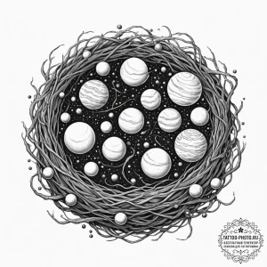 A bird's nest holding planets instead of eggs... - эскиз тату (№1751852562_0, 07.07.2025 01:42) — tattoo-photo.ru