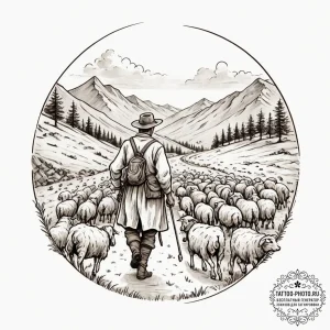 A shot of a shepherd guiding a flock of sheep... - эскиз тату (№1751855007_0, 07.07.2025 02:23) — tattoo-photo.ru