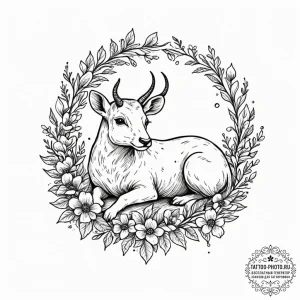 Tattoo sketch a zodiac animal resting among a... - эскиз тату (№1751855092_0, 07.07.2025 02:24) — tattoo-photo.ru