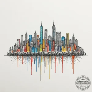 A barcode that morphs into a cityscape, tatto... - эскиз тату (№1751855849_0, 07.07.2025 02:37) — tattoo-photo.ru