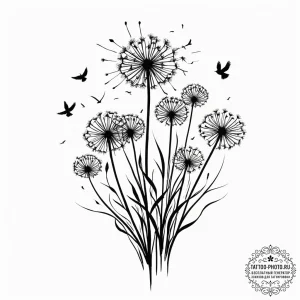 Dandelion with birds, ink illustration for ta... - эскиз тату (№1751856782_0, 07.07.2025 02:53) — tattoo-photo.ru
