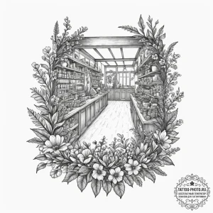 The interior of a vibrant, busy flower shop.,... - эскиз тату (№1751860976_0, 07.07.2025 04:02) — tattoo-photo.ru
