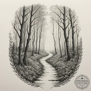 Tattoo design a misty, dreamlike pathway thro... - эскиз тату (№1751866898_0, 07.07.2025 05:41) — tattoo-photo.ru