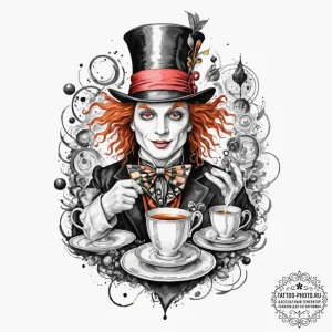 A watercolor tattoo of the mad hatter's tea p... - эскиз тату (№1751868498_0, 07.07.2025 06:08) — tattoo-photo.ru