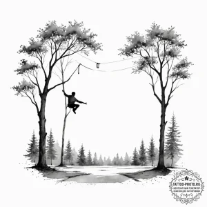A shot of a person slacklining between two tr... - эскиз тату (№1751869851_0, 07.07.2025 06:30) — tattoo-photo.ru