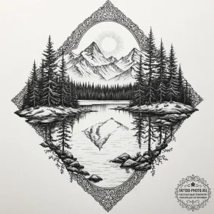 A serene, mirror-like lake in the canadian ro... - эскиз тату (№1751870527_0, 07.07.2025 06:42) — tattoo-photo.ru