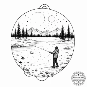 A person ice fishing on a vast, frozen lake.,... - эскиз тату (№1751873345_0, 07.07.2025 07:29) — tattoo-photo.ru