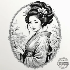 A sketch of the geisha hologram advertisement... - эскиз тату (№1751875472_0, 07.07.2025 08:04) — tattoo-photo.ru
