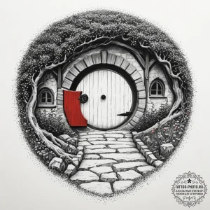 A sketch of the hobbit hole door of bag end.,... - эскиз тату (№1751875544_0, 07.07.2025 08:05) — tattoo-photo.ru
