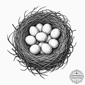 A bird's nest with small, speckled eggs., con... - эскиз тату (№1751876126_0, 07.07.2025 08:15) — tattoo-photo.ru