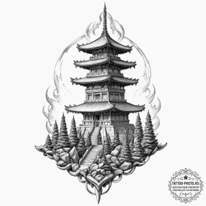 An ancient temple with neon holographic glyph... - эскиз тату (№1751877137_0, 07.07.2025 08:32) — tattoo-photo.ru