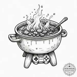 Tattoo sketch a bubbling cauldron with game c... - эскиз тату (№1751878128_0, 07.07.2025 08:48) — tattoo-photo.ru