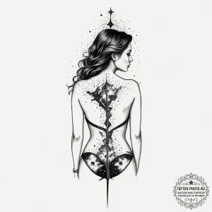 Tattoo design a woman's back with a zipper ta... - эскиз тату (№1751879648_0, 07.07.2025 09:14) — tattoo-photo.ru