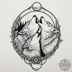 Tattoo sketch a pair of wolves howling togeth... - эскиз тату (№1751880912_0, 07.07.2025 09:35) — tattoo-photo.ru