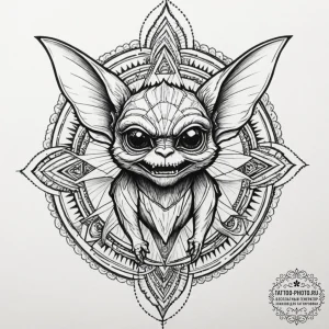 A trash polka tattoo of a gremlin, transformi... - эскиз тату (№1751887772_0, 07.07.2025 11:29) — tattoo-photo.ru