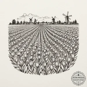 A vast tulip field in the netherlands, with r... - эскиз тату (№1751888586_0, 07.07.2025 11:43) — tattoo-photo.ru