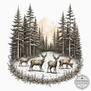 A small herd of deer grazing in a forest clea... - эскиз тату (№1751888907_0, 07.07.2025 11:48) — tattoo-photo.ru