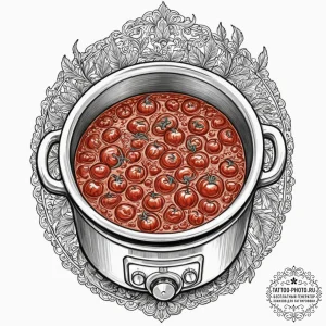 A close-up of a bubbling pot of tomato sauce... - эскиз тату (№1751901544_0, 07.07.2025 15:19) — tattoo-photo.ru