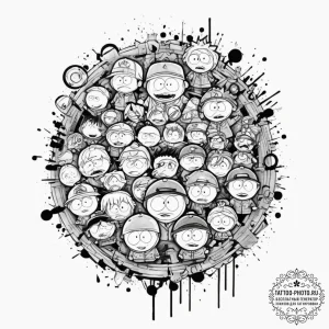 A trash polka composition of the main charact... - эскиз тату (№1751903596_0, 07.07.2025 15:53) — tattoo-photo.ru