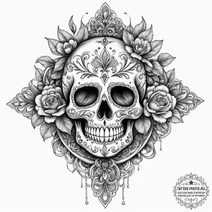 Sugar skull, artistic tattoo sketch, muted co... - эскиз тату (№1751907994_0, 07.07.2025 17:06) — tattoo-photo.ru