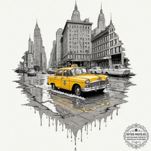 A yellow taxi cab speeding through a puddle i... - эскиз тату (№1751910995_0, 07.07.2025 17:56) — tattoo-photo.ru