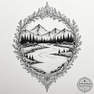 Tattoo design a landscape with a river flowin... - эскиз тату (№1751914447_0, 07.07.2025 18:54) — tattoo-photo.ru