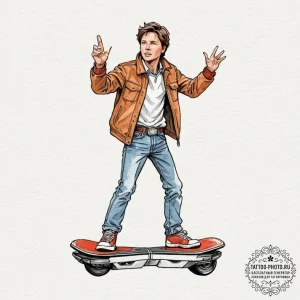 128. a watercolor sketch of marty mcfly on th... - эскиз тату (№1751914614_0, 07.07.2025 18:56) — tattoo-photo.ru