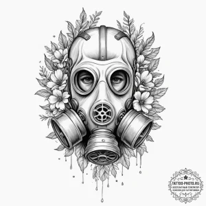 Gas mask with flowers growing from it, ink il... - эскиз тату (№1751922168_0, 07.07.2025 21:02) — tattoo-photo.ru
