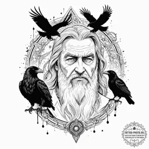 A graphic novel portrait of odin with his two... - эскиз тату (№1751923433_0, 07.07.2025 21:23) — tattoo-photo.ru