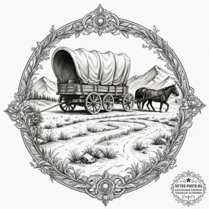 A sepia-toned photograph of pioneers with a c... - эскиз тату (№1751924284_0, 07.07.2025 21:38) — tattoo-photo.ru