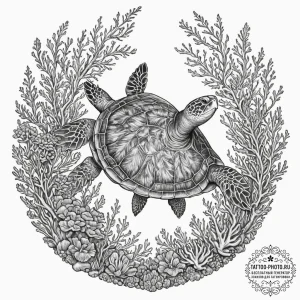 A sea turtle gracefully swimming over a vibra... - эскиз тату (№1751926833_0, 07.07.2025 22:20) — tattoo-photo.ru
