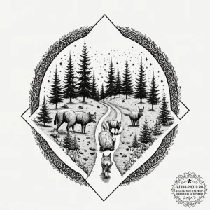 A graphic novel panel of the hedge animals fr... - эскиз тату (№1751929472_0, 07.07.2025 23:04) — tattoo-photo.ru