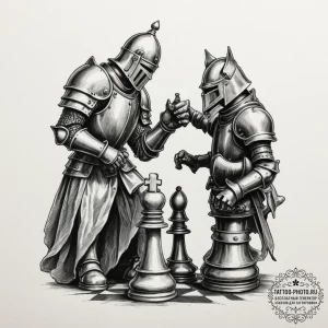 Chess piece (e.g., a knight defeating a pawn)... - эскиз тату (№1751931537_0, 07.07.2025 23:38) — tattoo-photo.ru