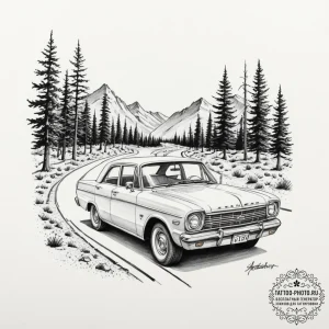 Tattoo design a classic car driving on a road... - эскиз тату (№1751934905_0, 08.07.2025 00:35) — tattoo-photo.ru