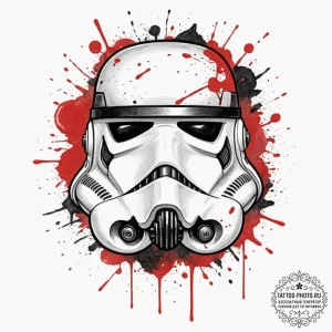 Trash polka style tattoo of a stormtrooper he... - эскиз тату (№1751938820_0, 08.07.2025 01:40) — tattoo-photo.ru