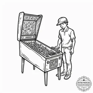 A person playing pinball in a retro arcade.,... - эскиз тату (№1751939494_0, 08.07.2025 01:51) — tattoo-photo.ru