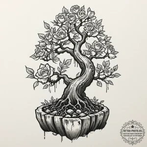Tattoo design a bonsai tree, its roots intric... - эскиз тату (№1751939578_0, 08.07.2025 01:52) — tattoo-photo.ru