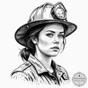 A powerful shot of a female firefighter, soot... - эскиз тату (№1751941698_0, 08.07.2025 02:28) — tattoo-photo.ru