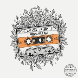 Tattoo design a cassette tape labeled 'level... - эскиз тату (№1751944395_0, 08.07.2025 03:13) — tattoo-photo.ru